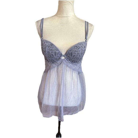 Victoria's Secret Other - Victoria’s Secret Lace Lingerie Babydoll Top Padded Open Back Sheer Lilac 36C